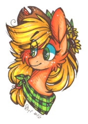 Size: 478x670 | Tagged: safe, artist:tay-niko-yanuciq, applejack, g4, bandana, bust, female, portrait, simple background, solo, sunflower, traditional art, transparent background