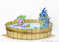 Size: 1024x732 | Tagged: safe, artist:el-yeguero, princess ember, spike, dragon, g4, gauntlet of fire, baby, baby dragon, bath, cute, dragoness, emberbetes, female, male, rubber duck, signature, simple background, spikabetes, traditional art, white background, wings