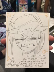 Size: 1024x1365 | Tagged: safe, artist:andypriceart, applejack, g4, clint eastwood, female, floppy ears, solo, squint, squintjack, traditional art
