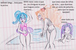 Size: 1024x676 | Tagged: safe, artist:elgatosabio, adagio dazzle, aria blaze, sonata dusk, equestria girls, g4, belly button, bikini, clothes, female, inner tube, lined paper, midriff, one-piece swimsuit, spanish, swimming pool, swimsuit, tankini, the dazzlings, traditional art, translated in the comments, trio