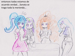 Size: 2901x2166 | Tagged: safe, artist:elgatosabio, adagio dazzle, aria blaze, sonata dusk, trixie, equestria girls, g4, blushing, caught, female, high res, midriff, spanish, the dazzlings, traditional art, translated in the comments, wide eyes