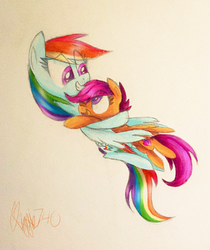 Size: 1152x1370 | Tagged: safe, artist:siggie740, rainbow dash, scootaloo, pony, g4, cutie mark, female, filly, hug, mare, open mouth, scootalove, smiling, the cmc's cutie marks, traditional art