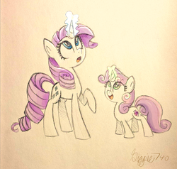 Size: 900x858 | Tagged: safe, artist:siggie740, rarity, sweetie belle, pony, unicorn, g4, belle sisters, cutie mark, duo, duo female, female, filly, foal, horn, magic, magic aura, mare, open mouth, siblings, sisters, sweetie belle's magic brings a great big smile, the cmc's cutie marks, traditional art