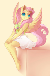 Size: 2000x3028 | Tagged: safe, artist:evehly, fluttershy, pegasus, anthro, unguligrade anthro, g4, clothes, colored wings, colored wingtips, cute, female, grin, high res, looking at you, necklace, shyabetes, sitting, skirt, smiling, solo, tank top