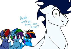 Size: 1024x713 | Tagged: safe, artist:colourstrike, soarin', oc, oc:glider, pony, g4, canon x oc, nervous, offspring, parent:rainbow dash, parent:soarin', parents:soarindash, simple background, the birds and the bees, the talk, where do babies come from?, white background