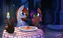 Size: 5000x3000 | Tagged: safe, artist:ruef, oc, oc only, oc:evening howler, pegasus, pony, candle, commission, duo, female, food, lady and the tramp, male, pasta, spaghetti, spaghetti scene, straight, ych result