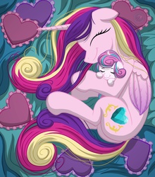 Size: 2500x2840 | Tagged: safe, artist:template93, princess cadance, princess flurry heart, alicorn, pony, g4, :t, baby, baby flurry heart, baby pony, blanket, butt, cuddling, cute, cutedance, duo, duo female, eyes closed, female, filly, floppy ears, flurrybetes, foal, heart, heart pillow, high res, hug, lovebutt, mama cadence, mare, messy mane, mother and child, mother and daughter, on side, overhead view, pillow, plot, smiling, snuggling
