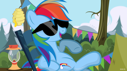 Size: 1024x576 | Tagged: safe, artist:noah-x3, rainbow dash, g4, camping, female, relaxing, show accurate, sitting, solo, sunglasses