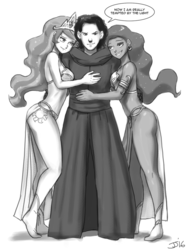 Size: 765x1024 | Tagged: safe, artist:johnjoseco, nightmare moon, princess celestia, princess luna, human, g4, ass, bedroom eyes, breasts, butt, crossover, crossover shipping, female, grayscale, grin, hips, hug, humanized, kylo ren, legs, loincloth, looking at you, lucky bastard, male, midriff, monochrome, polyamory, royal sisters, sex slave, shipping, sideass, simple background, slave, slave leia outfit, smiling, smirk, star wars, star wars: the force awakens, straight, white background