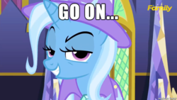 Size: 610x343 | Tagged: safe, edit, edited screencap, screencap, trixie, pony, unicorn, g4, no second prances, dreamworks face, female, go on, grin, image macro, imgur, mare, meme, no second glances, reaction image, smirk