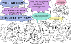 Size: 1200x744 | Tagged: safe, artist:silfoe, angel bunny, applejack, fluttershy, pinkie pie, princess luna, rainbow dash, rarity, spike, starlight glimmer, twilight sparkle, alicorn, pony, royal sketchbook, g4, dialogue, female, lesbian, mare, offscreen character, partial color, sandbag, ship:twiluna, shipping, sketch, speech bubble, twilight sparkle (alicorn), yelling