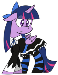 Size: 2049x2653 | Tagged: safe, artist:befishproductions, twilight sparkle, alicorn, pony, g4, anarchy stocking, blue mane, blue tail, clothes, cosplay, costume, eyelashes, female, goth, high res, horn, long mane, long tail, mare, panty and stocking with garterbelt, pink mane, pink tail, purple mane, purple tail, ribbon, signature, simple background, solo, stockinglight, stockings, tail, thigh highs, twilight sparkle (alicorn), white background, wings