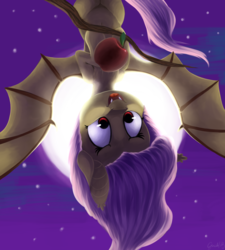 Size: 2702x3000 | Tagged: safe, artist:gumlball, fluttershy, bat pony, pony, g4, apple, female, flutterbat, food, high res, moon, solo, that pony sure does love apples, upside down