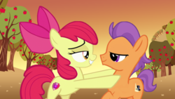 Size: 1192x670 | Tagged: safe, artist:lunaticdawn, apple bloom, tender taps, g4, on your marks, bedroom eyes, cutie mark, female, male, ship:tenderbloom, shipping, straight, sunset, the cmc's cutie marks