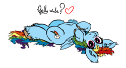 Size: 1100x600 | Tagged: safe, artist:yooyfull, rainbow dash, g4, behaving like a dog, bellyrubs, female, fluffy, looking at you, on back, solo, unshorn fetlocks, wide eyes