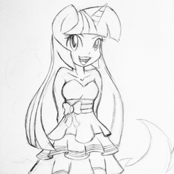 Size: 500x500 | Tagged: safe, artist:gummigator, twilight sparkle, anthro, g4, clothes, dress, female, monochrome, solo