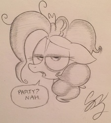 Size: 2070x2304 | Tagged: safe, artist:sparkarez, pinkie pie, g4, bleh, bust, female, heresy, high res, portrait, sick, solo, tired, tired pie, traditional art