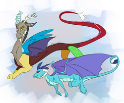 Size: 1024x853 | Tagged: safe, artist:xxjoyluvxx, discord, princess ember, dragon, g4, flying