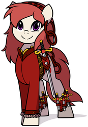 Size: 1280x1846 | Tagged: safe, artist:furrgroup, oc, oc only, oc:rosa lanzar, earth pony, pony, clothes, coat, dagger, ear piercing, earring, female, jewelry, knife, looking at you, mare, piercing, simple background, smiling, solo, sword, weapon, white background