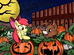 Size: 1280x960 | Tagged: safe, artist:ramiresbr, apple bloom, winona, g4, colored sketch, food, halloween, jack-o-lantern, nightmare night, peanuts, pumpkin