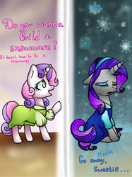 Size: 1360x1814 | Tagged: safe, artist:kristibrony, rarity, sweetie belle, g4, anna, do you want to build a snowman, elsa, frozen (movie), princess anna belle, queen elsarity, sisters
