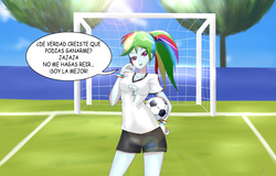 Size: 3000x1920 | Tagged: safe, artist:dieart77, rainbow dash, equestria girls, g4, anime, ball, breasts, cleavage, clothes, female, field, football, looking at you, multiple variants, shorts, solo, spanish, speech bubble, sports, talking, text, translated in the comments, wristband