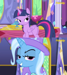 Size: 500x562 | Tagged: safe, edit, edited screencap, screencap, trixie, twilight sparkle, alicorn, pony, g4, no second prances, butt, comparison, context is for the weak, eyebrows, female, grin, lesbian, lidded eyes, mare, out of context, plot, raised eyebrow, ship:twixie, shipping, smirk, smug, twilight sparkle (alicorn), wanker
