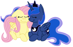 Size: 2992x1936 | Tagged: safe, artist:squipycheetah, fluttershy, princess luna, alicorn, pegasus, pony, g4, crossed hooves, crown, cute, eyes closed, female, floppy ears, folded wings, happy, lesbian, missing accessory, missing shoes, necklace, nuzzling, ship:lunashy, shipping, shyabetes, simple background, smiling, transparent background, vector