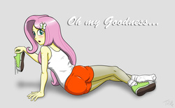 Size: 1820x1120 | Tagged: safe, artist:ashley_urikoshima, fluttershy, human, equestria girls, g4, ass, blushing, breasts, butt, clothes, converse, female, fetish, flutterbutt, hooters, looking back, pantyhose, pinup, shoes, shorts, sneakers, sneakers fetish, socks, solo, surprised