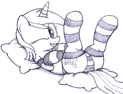 Size: 2600x2000 | Tagged: safe, artist:an-tonio, lyra heartstrings, pony, unicorn, g4, butt, clothes, female, high res, horn, mare, monochrome, panties, pillow, plot, simple background, socks, solo, striped panties, striped socks, striped underwear, traditional art, underwear, white background, wink