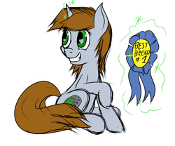 Size: 1024x850 | Tagged: safe, artist:frecklesfanatic, oc, oc only, oc:littlepip, pony, unicorn, fallout equestria, cute, fanfic, fanfic art, female, freckles, glowing horn, heart, heart eyes, hooves, horn, levitation, magic, mare, pipabetes, prize, ribbon, simple background, smiling, solo, teeth, telekinesis, text, trophy, white background, wingding eyes