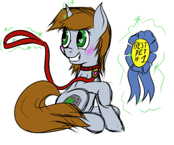 Size: 1024x850 | Tagged: safe, artist:frecklesfanatic, oc, oc only, oc:littlepip, pony, unicorn, fallout equestria, blushing, collar, cute, dog tags, fanfic, fanfic art, female, freckles, glowing horn, heart, heart eyes, hooves, horn, leash, levitation, magic, mare, pet play, pet tag, pipabetes, pony pet, prize, ribbon, simple background, smiling, solo, teeth, telekinesis, trophy, white background, wingding eyes