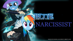 Size: 1904x1072 | Tagged: safe, edit, rainbow dash, trixie, pony, unicorn, g4, blue exorcist, female, mare, narcissism, pun