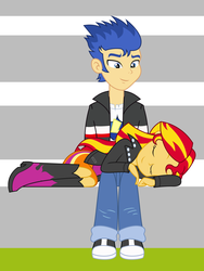 Size: 2736x3648 | Tagged: safe, artist:famousmari5, flash sentry, sunset shimmer, equestria girls, g4, canterlot high, clothes, eyes closed, female, high res, leather jacket, male, pants, ship:flashimmer, shipping, shoes, skirt, sleeping, steps, straight