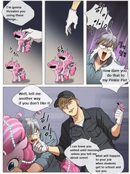 Size: 689x920 | Tagged: artist needed, safe, pinkie pie, g4, censored, clothes, comic, context is for the weak, crying, engrish, eyes closed, glasses, gloves, hat, korean, open mouth, party hat, smiling, smirk, unnecessary censorship, wat