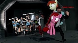 Size: 300x168 | Tagged: safe, artist:theinvertedshadow, artist:tishadster, pinkie pie, oc, oc:film flick, oc:flicker, elements of insanity, g4, 3d, gmod, picture for breezies, pinkis cupcake, running, scout