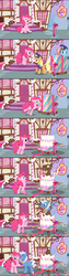 Size: 2500x9884 | Tagged: safe, artist:anarchemitis, applejack, pinkie pie, pokey pierce, rainbow dash, chocolate pony, g4, cake, delivery, female, food, kissing, male, popping out of a cake, present, ship:pokeypie, shipping, straight, sugarcube corner, surprised, watch