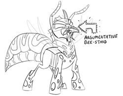 Size: 1153x900 | Tagged: safe, artist:redfruit, oc, oc only, oc:waspy, changeling, insect, wasp, waspling, mandibles, monochrome, pun, sketch, solo, wasp changeling