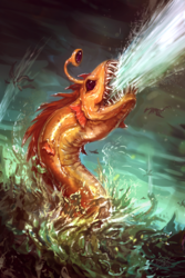 Size: 960x1440 | Tagged: safe, artist:assasinmonkey, dragon, geyser eel, g4, gauntlet of fire, dragon lands, monster, ocean, scene interpretation, sea monster, signature, solo focus