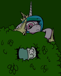 Size: 640x800 | Tagged: safe, artist:ficficponyfic, artist:lovelyneckbeard, color edit, edit, princess celestia, oc, oc:emerald jewel, earth pony, pony, colt quest, g4, bush, color, colored, colt, frown, hiding, male, nervous, night, searching, sweat