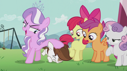Size: 1280x720 | Tagged: safe, screencap, apple bloom, diamond tiara, pipsqueak, scootaloo, sweetie belle, earth pony, pony, crusaders of the lost mark, g4, colt, cutie mark crusaders, domination, male, underhoof