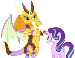 Size: 3312x2568 | Tagged: safe, artist:sketchmcreations, edit, spike, starlight glimmer, g4, gauntlet of fire, armor, dragon armor, female, heart, high res, male, older, older spike, ship:sparlight, shipping, simple background, straight, teeth, transparent background, winged spike, wings