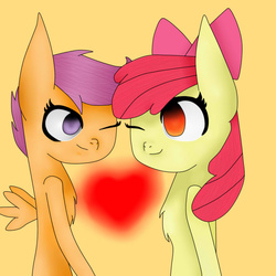 Size: 944x944 | Tagged: safe, artist:lucille3243, apple bloom, scootaloo, g4, female, heart, lesbian, ship:scootabloom, shipping, simple background