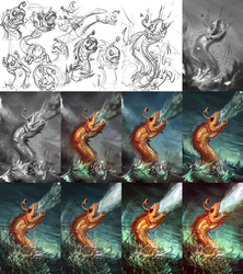 Size: 2880x3240 | Tagged: safe, artist:assasinmonkey, dragon, geyser eel, g4, gauntlet of fire, dragon lands, high res, monster, ocean, progress, scene interpretation, sea monster, signature, sketch, wip