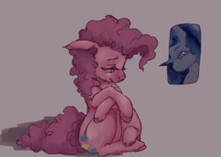 Size: 1424x1015 | Tagged: safe, artist:colorlesscupcake, pinkie pie, princess luna, g4, breakup, crying, feels, female, lesbian, love, sad, ship:lunapie, shipping, sitting, solo, speech bubble, unrequited, why can't i hold all these x, wingding eyes