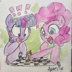 Size: 1080x1080 | Tagged: safe, artist:agnesgarbowska, pinkie pie, twilight sparkle, g4, chess, duo, signature, traditional art