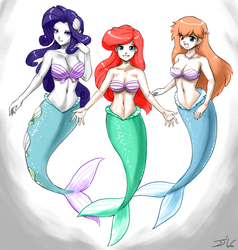 Size: 1500x1575 | Tagged: safe, artist:johnjoseco, color edit, edit, rarity, human, mermaid, g4, ariel, belly button, big breasts, breasts, busty rarity, cleavage, colored, crossover, disney, female, humanized, jewelry, long hair, mermarity, midriff, misty (pokémon), pokémon, seashell, the little mermaid