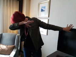 Size: 600x450 | Tagged: safe, photographer:photoanon, human, 4chan, babscon, dab, dabfaust, funny, horse news, irl, irl human, lauren faust, looking away, meme origin, photo, sneezing