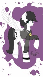 Size: 400x711 | Tagged: safe, artist:vibyckothefallen, oc, oc only, oc:silent note, pegasus, pony, clothes, commission, hoodie, jewelry, male, necklace, raised hoof, simple, solo, splash, spread wings, stallion