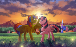 Size: 1945x1200 | Tagged: safe, artist:margony, twilight sparkle, oc, oc:storm spark, alicorn, pony, g4, alicorn oc, canon x oc, female, male, marriage proposal, ponyville, romance, scenery, shipping, straight, sunset, twilight sparkle (alicorn)